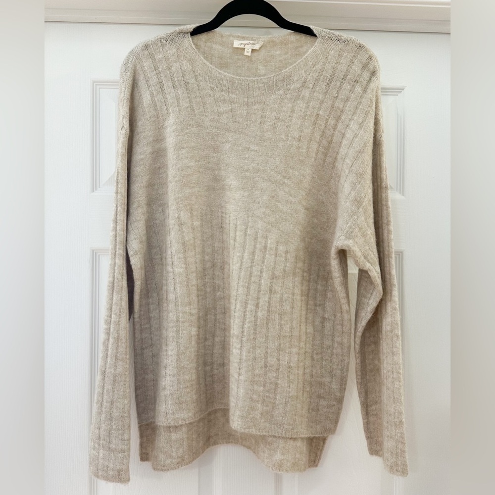 Mystree Ribbed High Low Oversized Crew Neck Sweater Oatmeal Tan Sz Medium